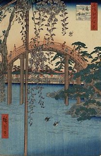 Kamedo Tenjin Shrine: drum bridge in the garden, Hiroshige ukiyo-e