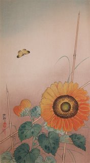 Koson, Small Butterfly And Sunflower -  woodblock print