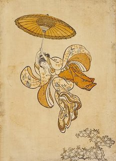 Harunobu Ukiyo-e Print, Girl Parachuting Into the Branches of a Flowering Cherry