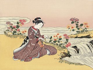 How Do We Find Balance in Life - Harunobu Suzuki, A girl Collecting Chrysanthemum Dem by the Stream