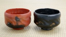 Wabi-Sabi red and black glazed Raku tea cup set