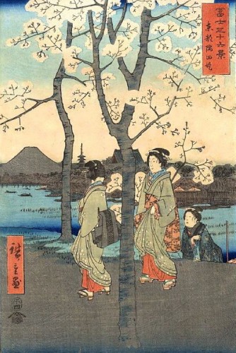 Woodblock print of Mount Fuji and cherry blossom from 36 Views of Mount Fuji by Hiroshige.