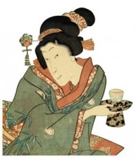 ukiyo-e woodblock print: traditional tea ceremony in kimono by master Utagawa Toyokuni