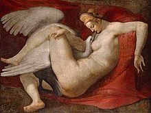 Zeus, disguised as a swan seduces Leda, the Queen of Sparta. A sixteenth century copy of the lost original by Michelangelo.
