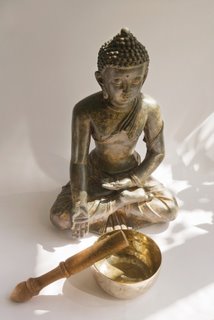 Carved Wooden Thai Buddha with Singing Bowl