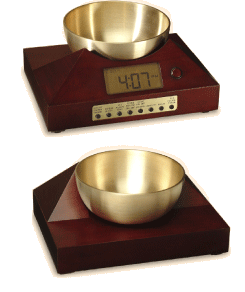 The new Zen Timepiece can be positioned with its clock display to the front (top), or with its solid brass bowl-gong to the front (above).